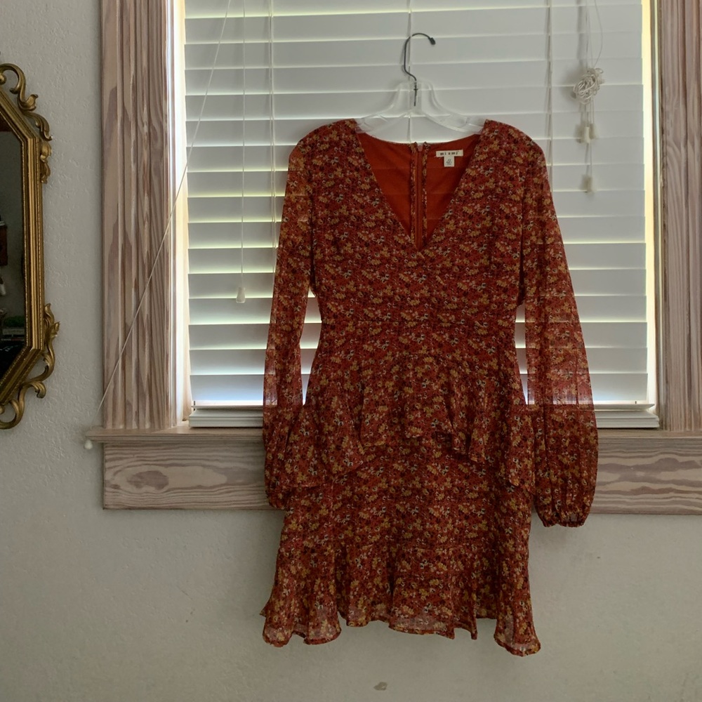 Burnt orange floral chiffon mini dress